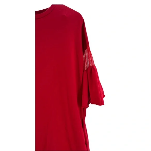 Umgee red t-shirt dress short bell sleeve mesh detail mini dress casual - Picture 4 of 6